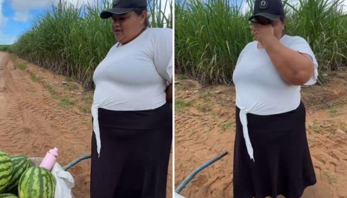 Márcia vendendo melancias. (Foto: Reprodução/Instagram/Stefano Di Vittoria)