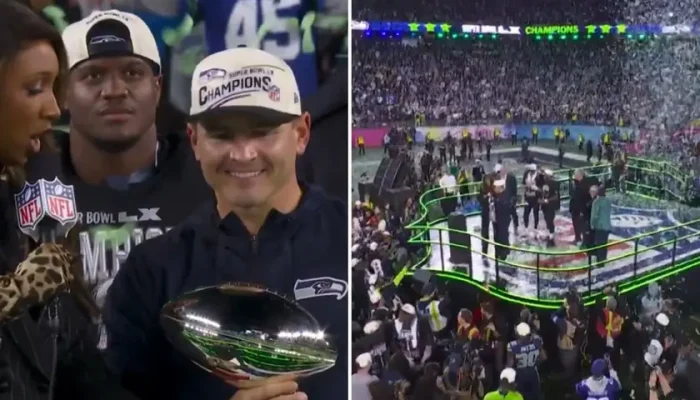 O técnico Mike Macdonald na entrega do troféu. (Foto: Reprodução/X/NFL)