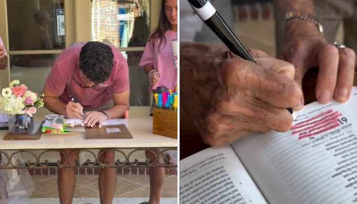 A família destacando versículos durante o chá. (Foto: Reprodução/Instagram/Amy White)