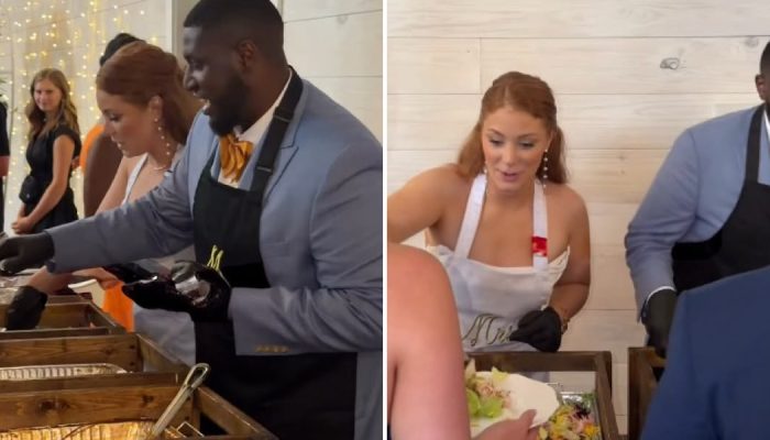 Os noivos servindo o jantar. (Foto: Reprodução/Instagram/Abigail Stasior)