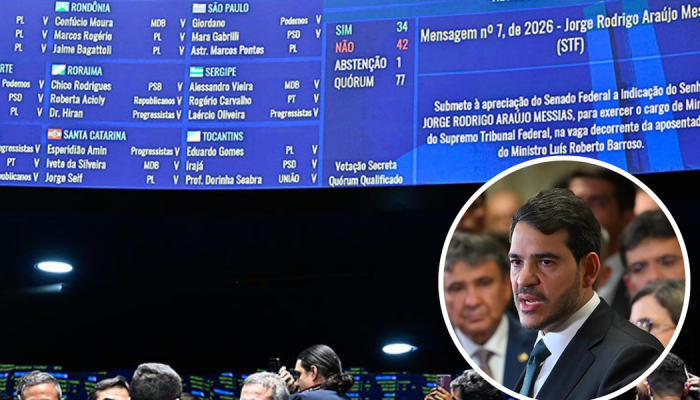 Votação teve apenas 34 dos 41 votos necessários para a aprovação; no destaque, Jorge Messias...