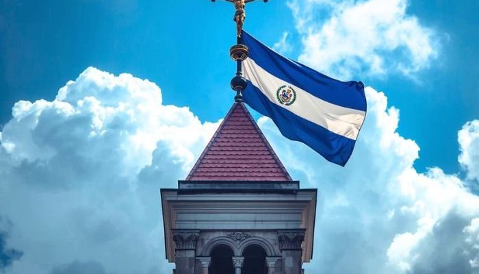 Cruz e bandeira da Nicarágua no topo de uma igreja (Foto: Canva IA)