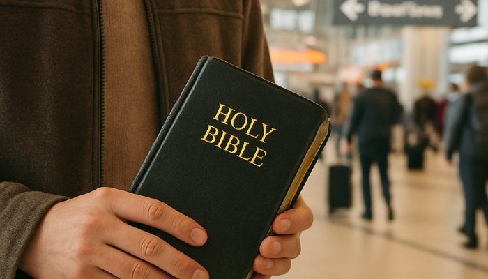 Um pessoa com uma Bíblia em um aeroporto (Imagem: Folha Gospel/Canva IA